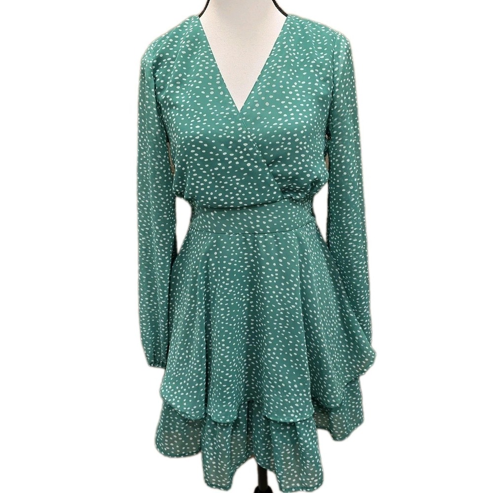 Japna‎ Dress Womens M Medium Green Polka Dot Long Sleeve Tiered Ruffle Smocked